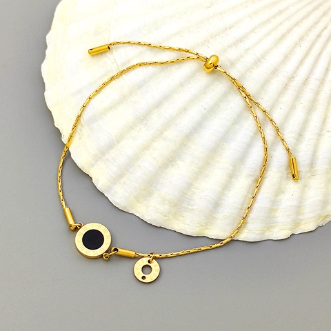 Bracciale da Donna Minimalista in Acciaio Inossidabile con Numeri Romani Placcato Oro Pendente Rotondo Nero Coulisse Regolabile