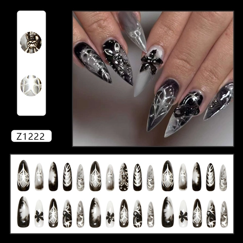 Gothic Press On Nails Zwart Zilver Verloop Lange Stiletto 3D Legering Konijn Bloem Decoratie Punk Y2K Stijl Kunstnagels