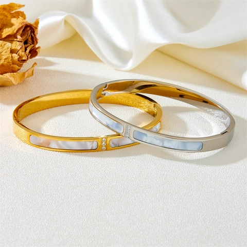 Elegante Bracciale Rigido In Acciaio Inossidabile Da Donna Con Madreperla Bianca E Zirconi Gioielli Di Moda Minimalisti