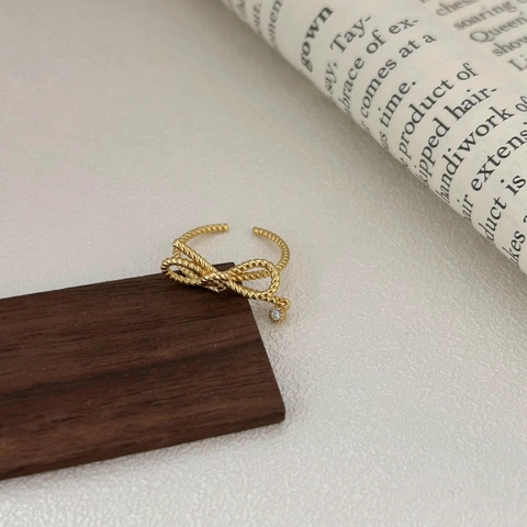925 Sterling Silver Bow Ring For Women With Zircon Pendant Twisted Texture Open Adjustable Band Vintage Elegant Jewelry