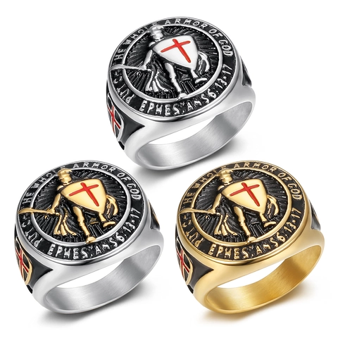 Anello in Acciaio al Titanio Vintage Cavalieri Templari per Uomo Hip Hop Placcato Oro Croce Scudo Sigillo Anello Cristiano Versetto Bibbia Gioielli