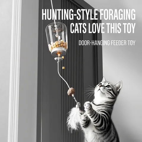 Hanging Cat Toy Treat Dispenser With Elastic Rope Feather Wood Ball Interactive Puzzle Food Leaking Toy For Indoor Cats
