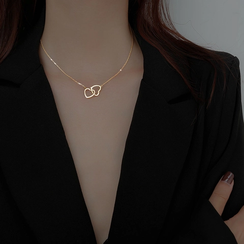 Collier À Pendentif Double Cœur Entrelacé En Alliage Chaîne Clavicule Minimaliste Bijoux Pour Femmes Cadeau