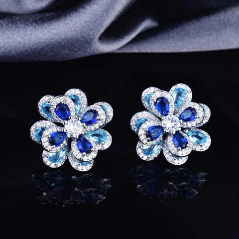 Camellia Flower Jewelry 925 Sterling Silver Earring Post Blue Zircon Necklace Earrings Bracelet Adjustable Ring Women