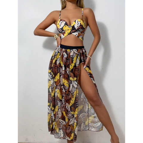 Women Tropical Leaf Print Bikini Top And Bottom With High Slit Mesh Long Skirt Halter Cross Tie Beach Swimwear