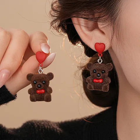 Collana Con Orsetto Di Peluche Floccato In Lega E Orecchini A Cuore Rosso Con Perno In Argento Retrò Kawaii Per Donne