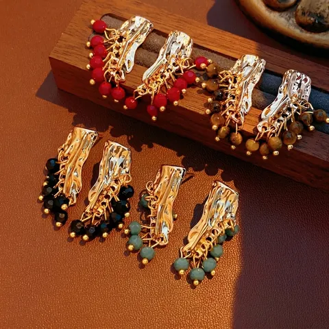 Irregular Wrinkled Alloy Tassel Earrings With Silver Earring Post Vintage Style Tiger Eye Turquoise Bead Jewelry For Women
