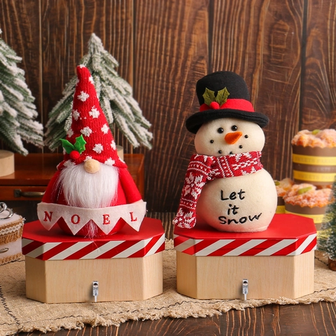 Contenitore Regalo Di Natale Base In Legno Con Ornamento Di Gnomo Pupazzo Di Neve In Peluche Organizer Per Dolci Decorazione