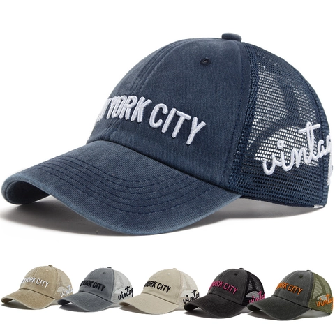 New York City Buchstaben Stickerei Trucker Hut Gewaschene Baumwolle Mesh Baseball Kappe Vintage Stil Verstellbar