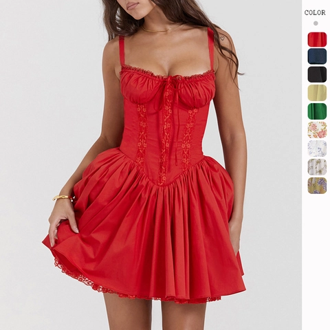 Corset Mini Dress With Lace Trim And Criss-Cross Lace-Up Back Sexy Retro French Style Sleeveless Flare Skirt Women