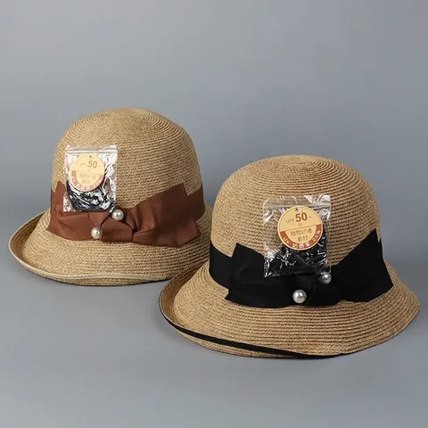 Sombrero De Paja Mujer Cubo Papel Transpirable UV Protección Solar Perla Artificial Lazo Plegable Verano Playa Viaje Estilo