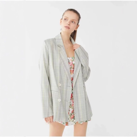 Dames Geruite Blazer Jas Reverskraag Dubbele Rij Knoppen Lange Mouwen Losse Pasvorm Casual Commuter Stijl Polyester Bovenkleding