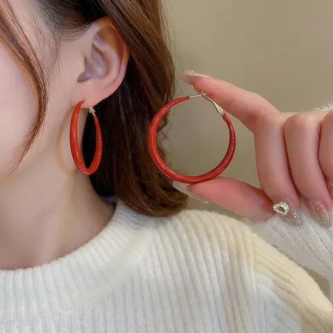 Red Enamel Hoop Earrings For Women With Alloy Metal Large Statement Jewelry And 925 Sterling Silver Earring Post