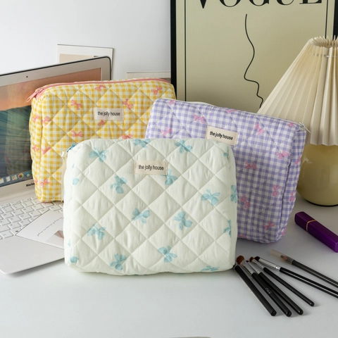 Quilted Bow Cosmetic Bag Checkered Cotton Fabric Makeup Organizer Zippered Portable Travel Toiletry Wash Pouch For Women
