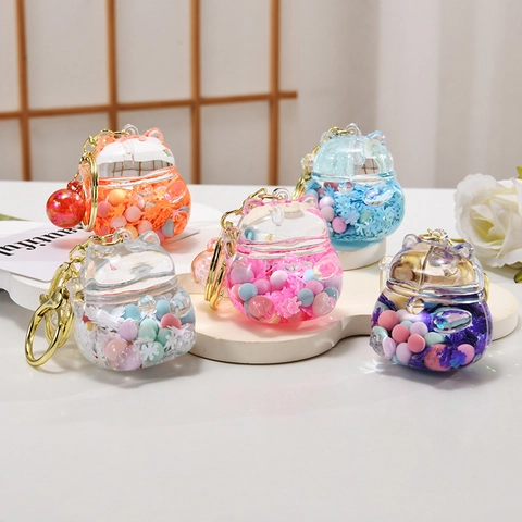Portachiavi Gatto Della Fortuna Acrilico Sabbie Mobili Liquido Galleggiante Ciondolo Zaino Kawaii Maneki Neko Trasparente
