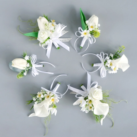 Wedding Boutonniere Wrist Corsage Artificial PU Calla Lily Tulip White Ribbon Bow For Groom Bride Formal Party Accessories