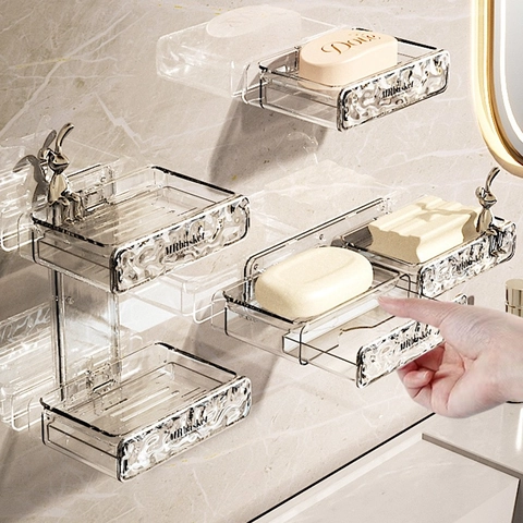 Portasapone Da Parete Trasparente PET Vassoio Drenaggio Senza Fori Lusso Texture Onde Acqua Supporto Bagno Doppio Strato