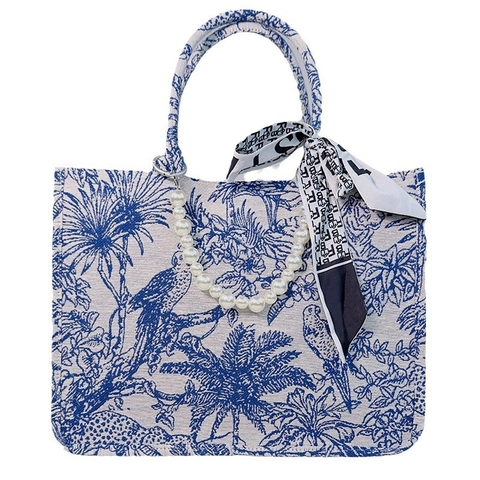 Women Tote Bag Canvas Jacquard Toile De Jouy Jungle Animal Tiger Floral Artificial Pearl Chain Scarf Handbag