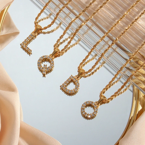 Collana Pendente Lettera Iniziale Acciaio Inossidabile Pavé Strass Placcato Oro Catena Corda Alfabeto Gioielli Moda Donna