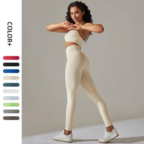 Completo Yoga Senza Cuciture A Costine Reggiseno Sportivo Halter E Leggings A Vita Alta Abbigliamento Fitness