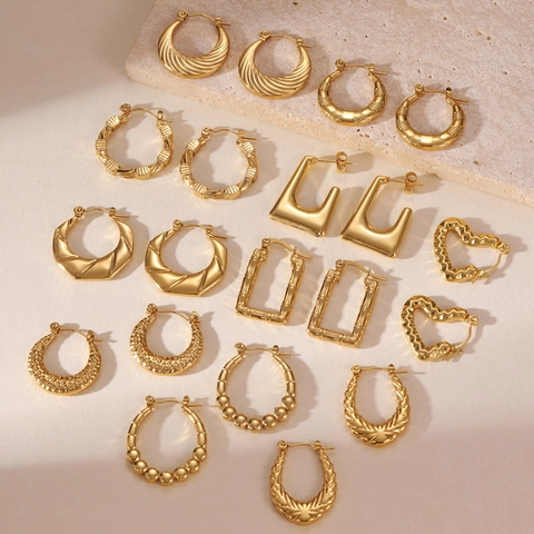 Orecchini A Cerchio In Acciaio Inossidabile Placcato Oro 18K Texture Di Bambù Cuore Geometrico Stile Retrò Francese Da Donna