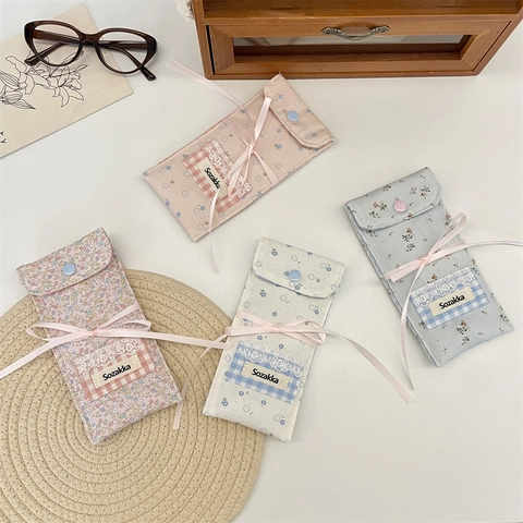 Pastoral Floral Patchwork Fabric Glasses Pouch With Ribbon Bow Lace Trim Portable Sunglasses Storage Bag For Women Eyewear Case
