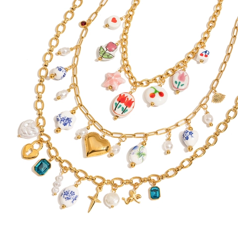 Vintage 18K Vergoldete Edelstahlkette Mit Keramikperlen Faux Künstliche Perle Herz Anhänger Wasserdichter Schmuck Für Damen