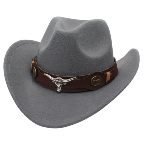 Western Cowboyhoed Stierenkop Decoratie Etnische Stijl Wollen Vilt Brede Rand Fedora Hoed Voor Mannen Vrouwen Buiten Zonwering Hoed