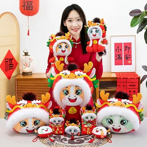 Jouet en Peluche Cheval du Zodiaque Mascotte du Nouvel An Chinois Peluche Style Dragon Poupée Cheval Décoration de Maison Cadeau Enfants Rouge