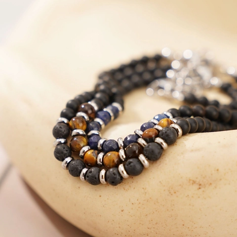 Men Natural Stone Beaded Bracelet Stainless Steel Clasp Lapis Lazuli Tiger Eye Lava Stone Matte Onyx Adjustable Jewelry