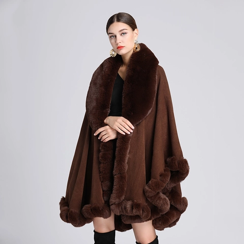 Damen Kunstpelz Kragen Poncho Umhang Oversized Gestrickt Kaschmirimitat Schal Wrap Warm Wintermantel Lose Mode Outerwear