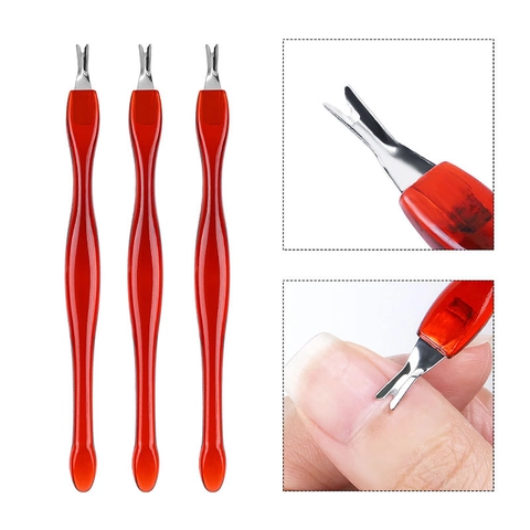 Nail Cuticle Pusher Remover Fork Stainless Steel V-Shaped Dead Skin Trimmer Manicure Tool With Translucent Red Handle