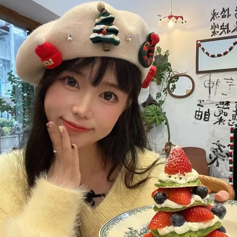 Christmas Wool Beret Hat For Women Winter Warm Artist Painter Cap With Santa Claus Tree Bow Decor Holiday Party