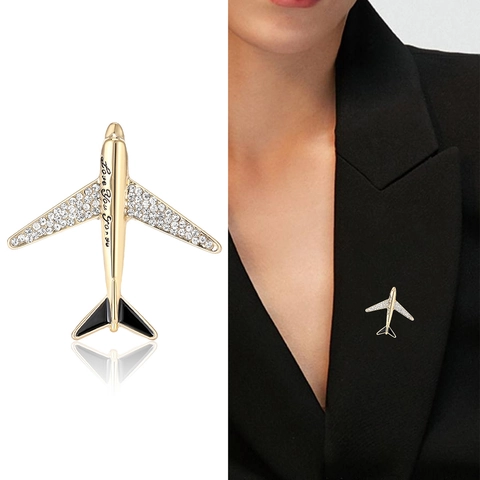 Airplane Brooch Pin Alloy Rhinestone Black Enamel Engraved Love You Forever Fashion Suit Accessory Jewelry Gift For Men Women