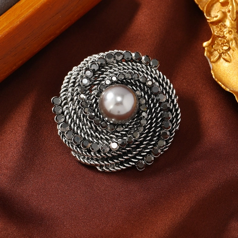 Spilla Vintage Rosa Foglia Lega Grigio Finta Perla Artificial Strass Pin Retro Stile Scuro Accessorio Per Abito Da Donna