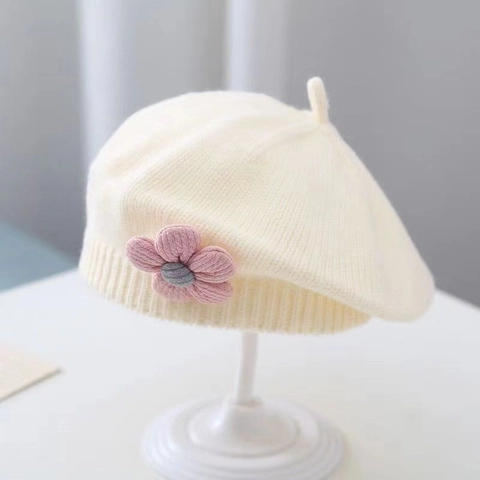 Boina de Punto para Bebé Niña con Flor Linda Sombrero de Pintor de Lana Cálido Otoño Invierno para Niños Estilo Princesa