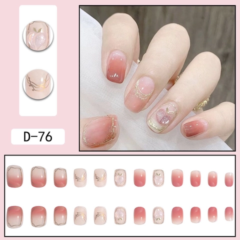 Uñas Postizas A Presión Degradado Rosa Melocotón Con Líneas Doradas Y Decoración Melocotón 3D Uñas Cuadradas Cortas