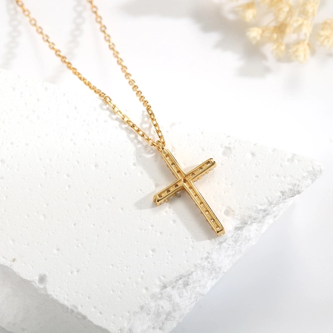 Collar Con Colgante de Cruz de Plata de Ley 925 para Mujer Joyería de Circonia Micro Pavé Cadena de Clavícula Regalo Color Oro Oro Blanco