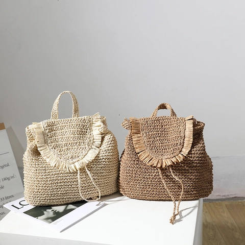 Women Straw Woven Backpack Summer Beach Vacation Bag With Tassels And Drawstring Closure Casual Fashion