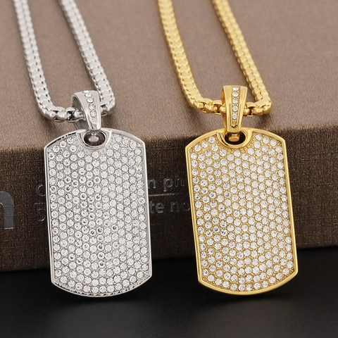 Collana Con Ciondolo Dog Tag Hip Hop Iced Out Acciaio Inossidabile Full Rhinestone Pave Gioielli Rock Uomo