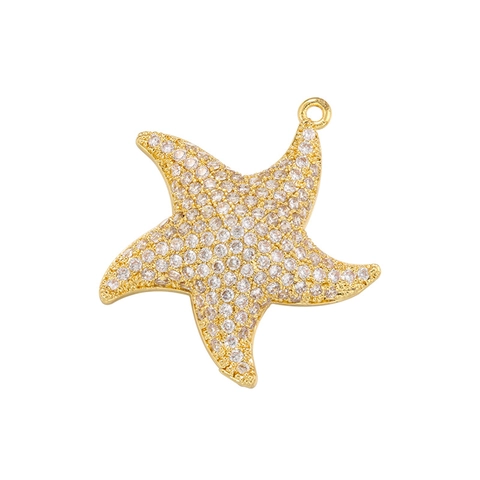 Starfish Pendant Charm Brass Gold Plated Cubic Zirconia Turquoise Inlaid DIY Jewelry Making Nautical Ocean Style