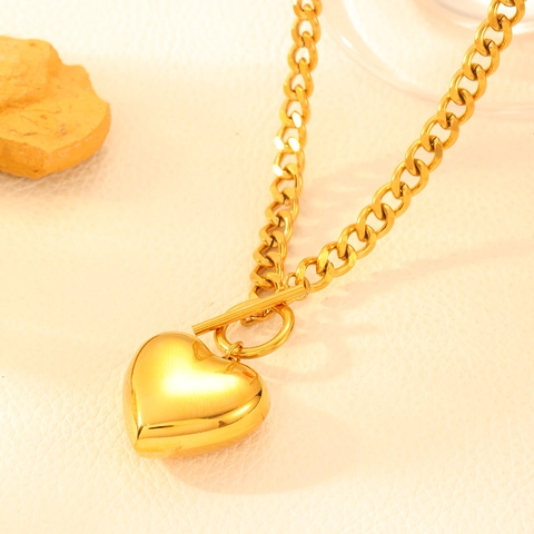 Minimalist Polished Heart Pendant Necklace For Women Stainless Steel Curb Chain With T-Bar Toggle Clasp Jewelry