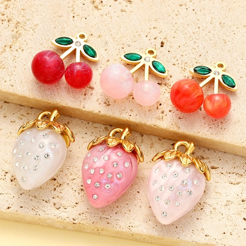 Strawberry Cherry Sacred Heart Charms Pendants Stainless Steel Resin Rhinestone Beaded DIY Jewelry Making Women Girls