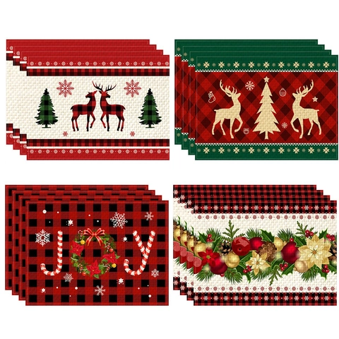Manteles Individuales De Navidad Impermeables Algodón Lino Resistentes Al Calor Reno Cuadros Copo De Nieve Decoración De Mesa Lavables