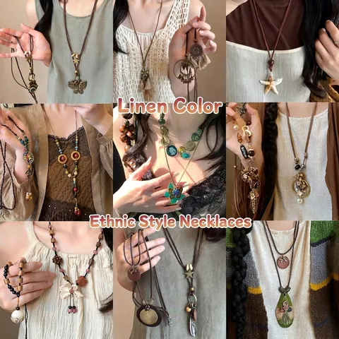 Collar Largo Con Colgante Cordón De Cera Cuentas De Madera Aleación Estilo Étnico Retro Bohemio Joyas Para Mujer Hecho A Mano