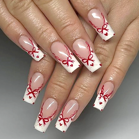 Uñas Postizas A Presión French Tip Cuadradas Largas Lazo Rojo Patrón Corazón Estilo Ballet Dulce Para Mujeres