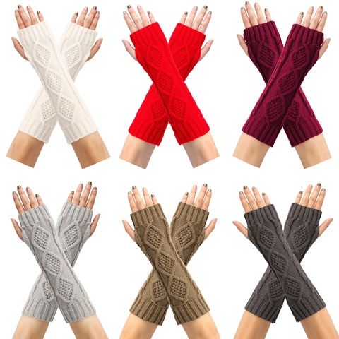 Women Winter Warm Fingerless Gloves Long Cable Knit Arm Warmers Acrylic Rhombic Pattern Ribbed Cuffs Fashion Cozy