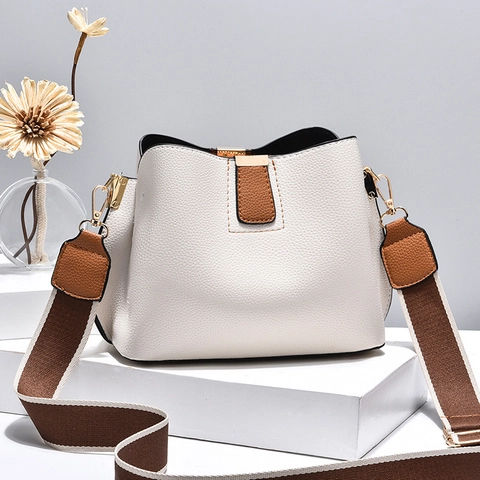 Sac Seau Cuir PU Grain Litchi Couleur Contrastée Large Bandoulière Mode Décontractée Sac Bandoulière Pour Femmes