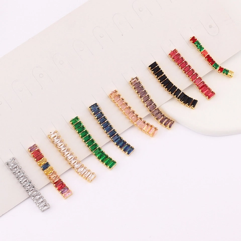 Elegant Long Linear Drop Earrings Copper 18K Gold Plated Baguette Cut Colorful Cubic Zirconia Geometric Jewelry For Women