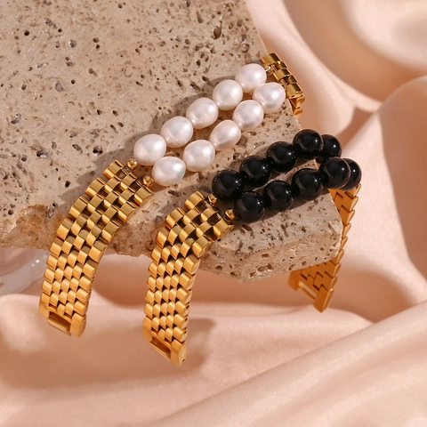Vintage Roestvrij Stalen Horlogeband Ketting Armband Voor Vrouwen Vergulde Kunstparel Kleurrijke Synthetische Steen Sieraden